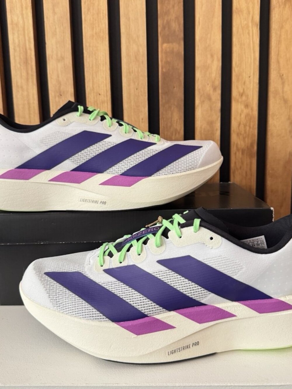 SIZE 10 MENS - adidas adizero Evo SL White Collegiate Purple Lime Burst JS4495